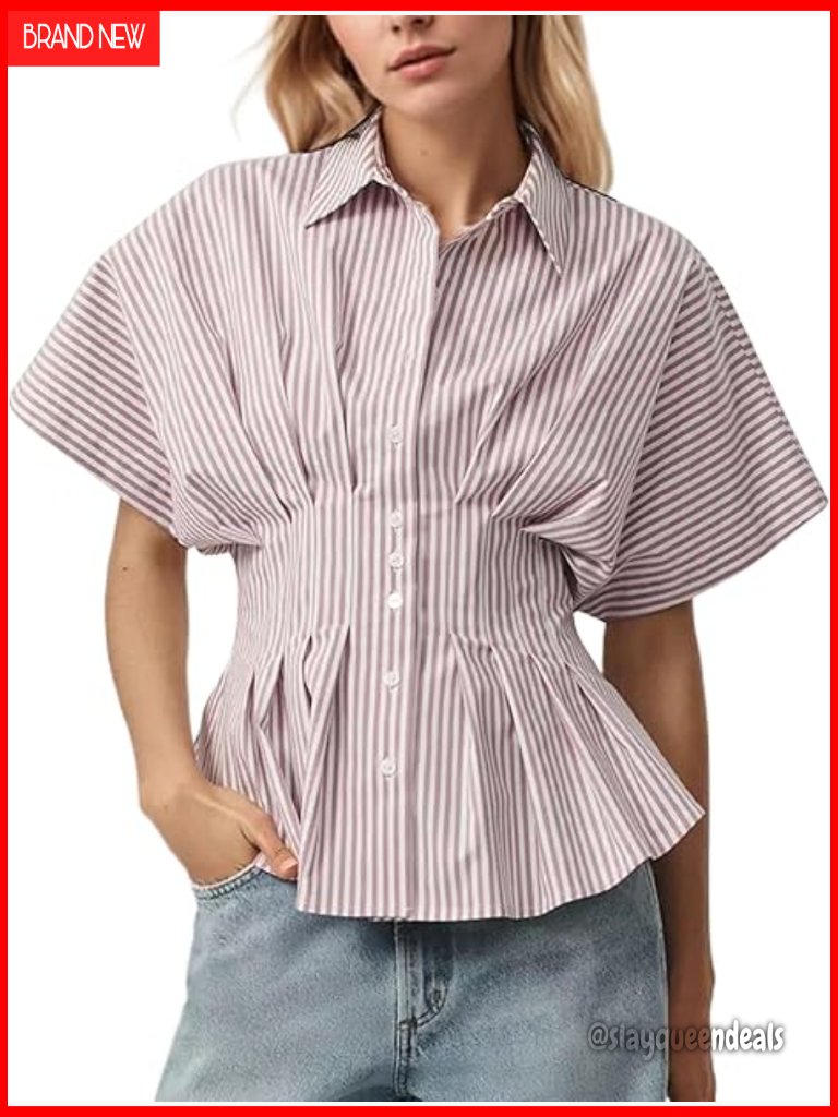 Striped Button Pleated Blouse Short Sleeve Summer Casual Peplum Top